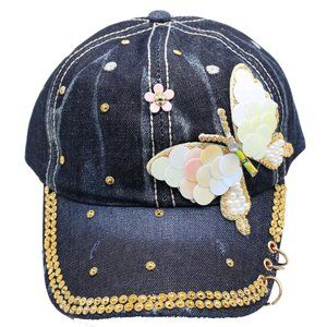 Ball Cap Hat BUTTERFLY Dark Denim Jean Yellow Rhinestones White Pearls Pink NWT